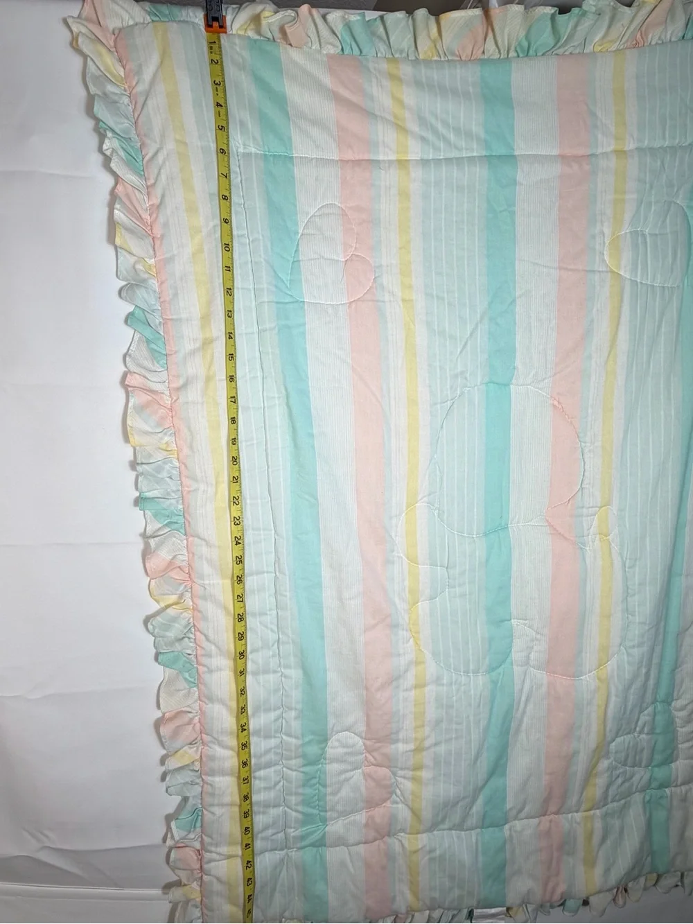 Vtg Lambs & Ivy Baby Blanket Quilt Pastel Stripes Plush Puppy Dog Ruffle Border